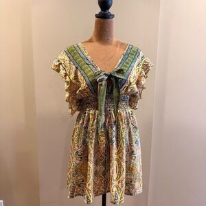 Zury Paisley Silk Mini Dress Womens OS Silk/Viscose Blend Boho Tie Front Smocked